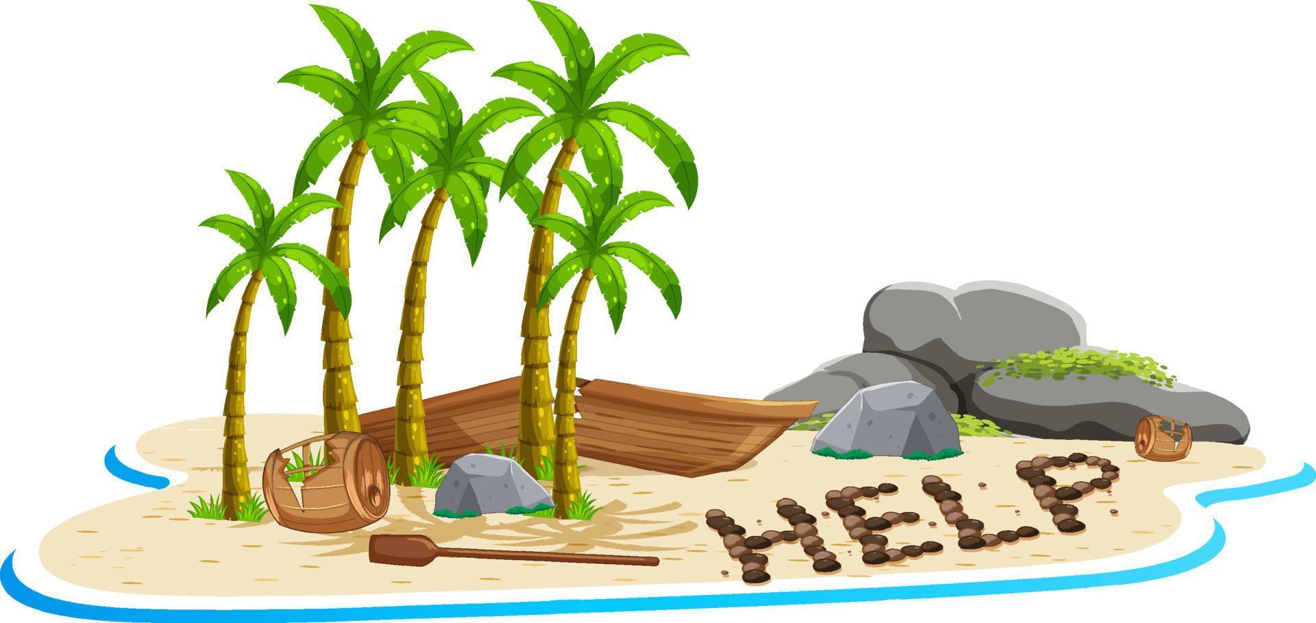 Deserted island with broken boat lying on the beach with help sign vector