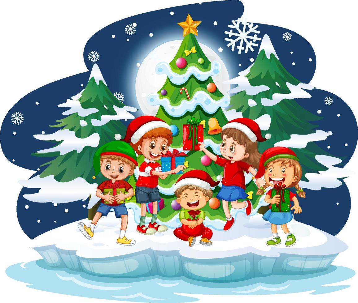 Snowy night with children in Christmas theme vector