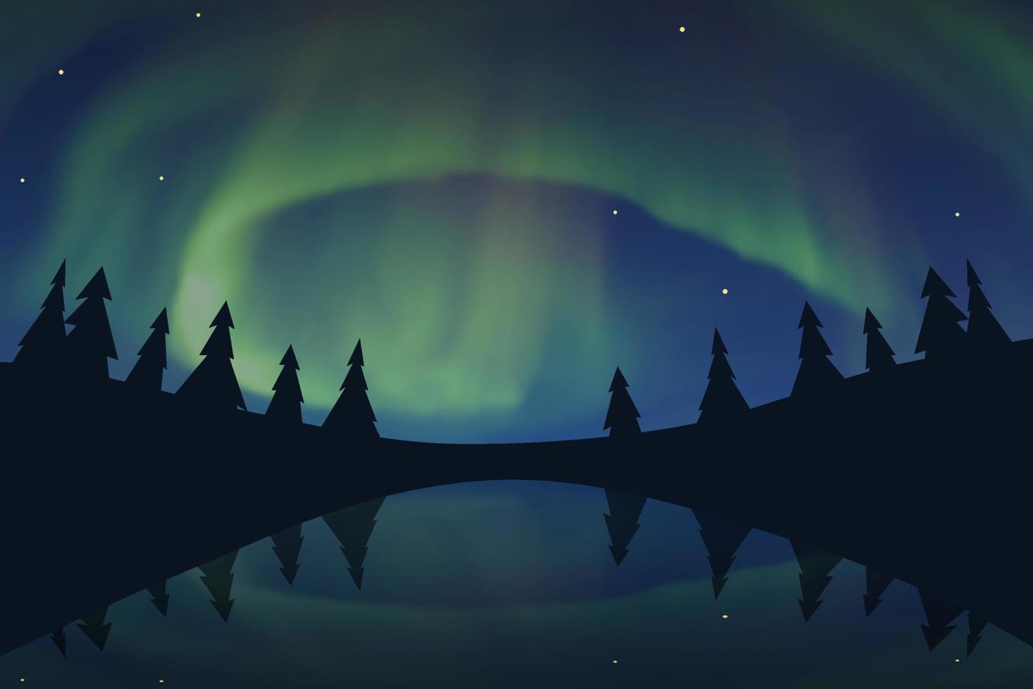 Northern lights, Aurora borealis in arctic night sky with stars, trees, reflected in the water. Vector illustration of polar lights.