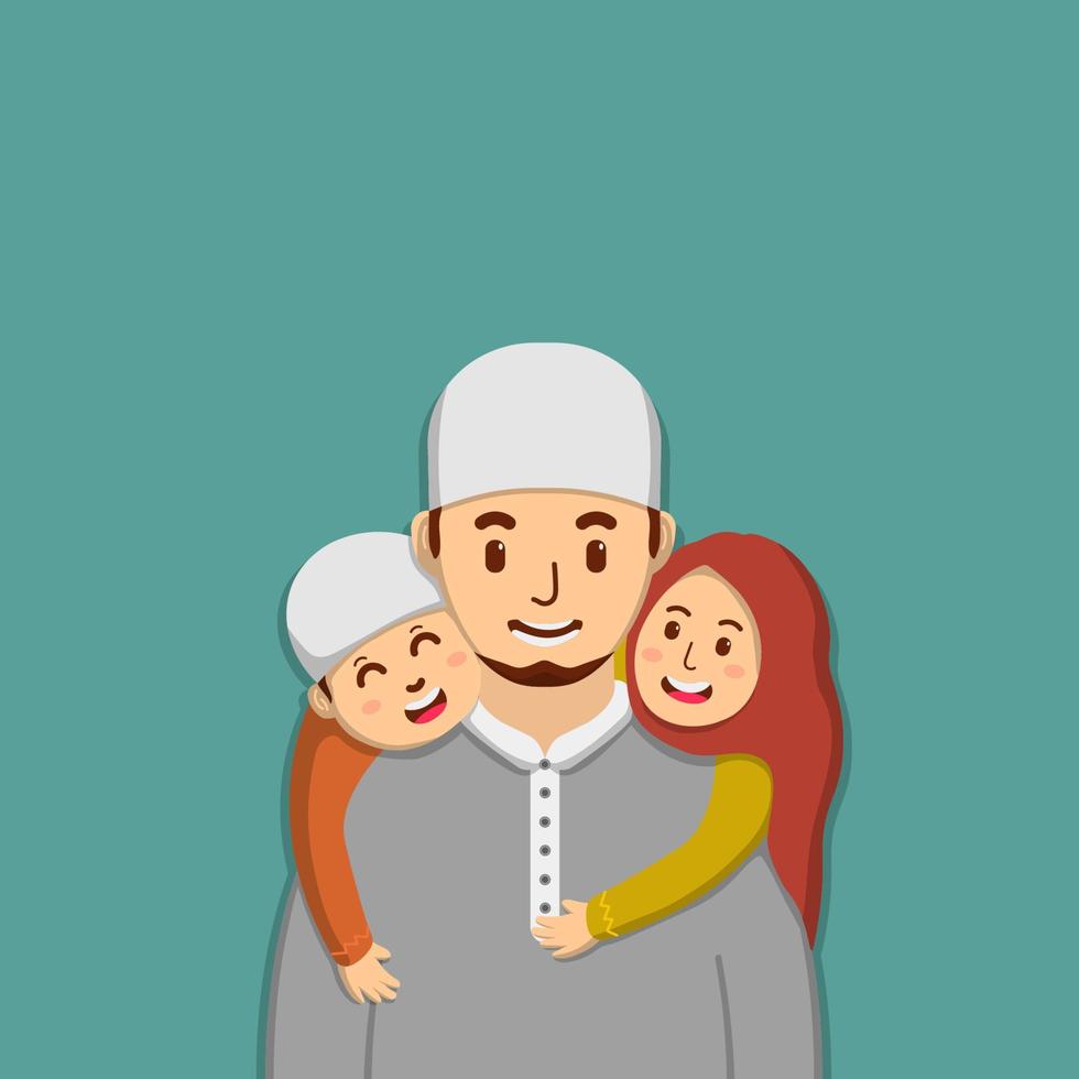 Flat design fathers day illustration of muslim fathers  with happy child vector