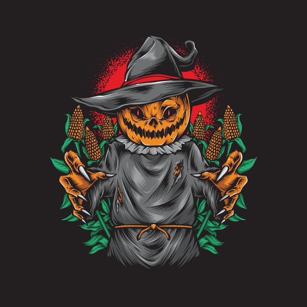 scary pumpkin scarecrow vector illustration