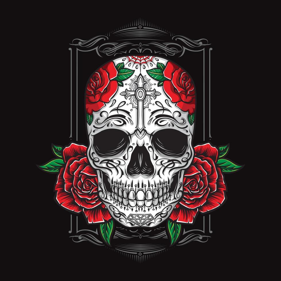 calavera de azúcar con adorno de vector de rosas