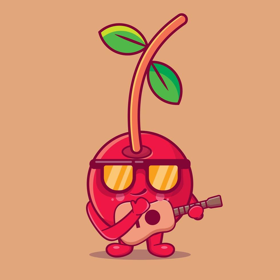 cute cherry fruit character mascot playing guitar isolated cartoon in flat style vector