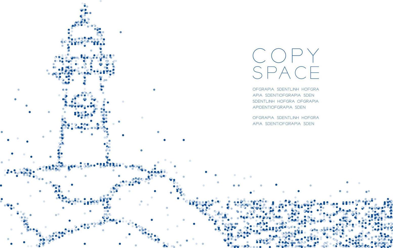 círculo geométrico abstracto punto molécula partícula patrón faro y mar, tecnología vr animales acuáticos y vida marina concepto diseño azul color ilustración aislado sobre fondo blanco, espacio de copia vector