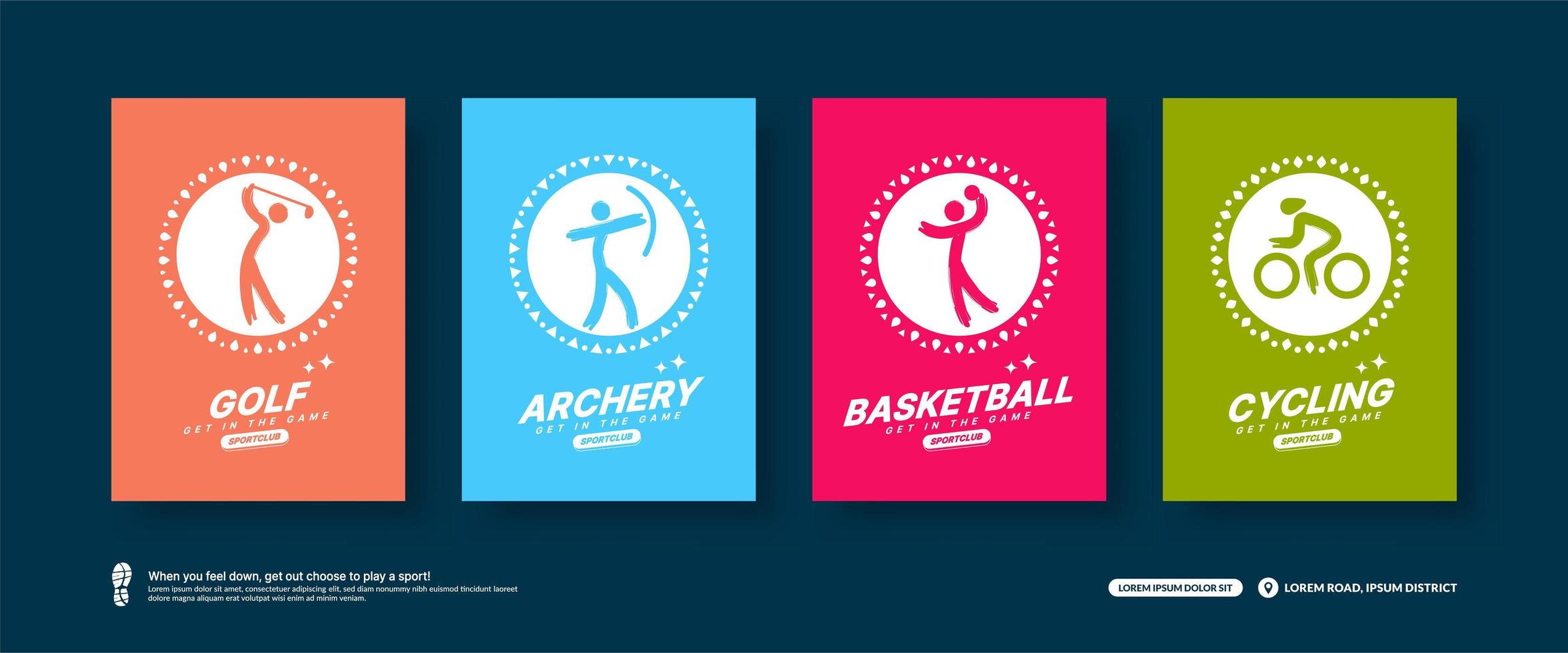 juego mínimo de tarjetas deportivas, concepto de diseño plano de iconos deportivos vector