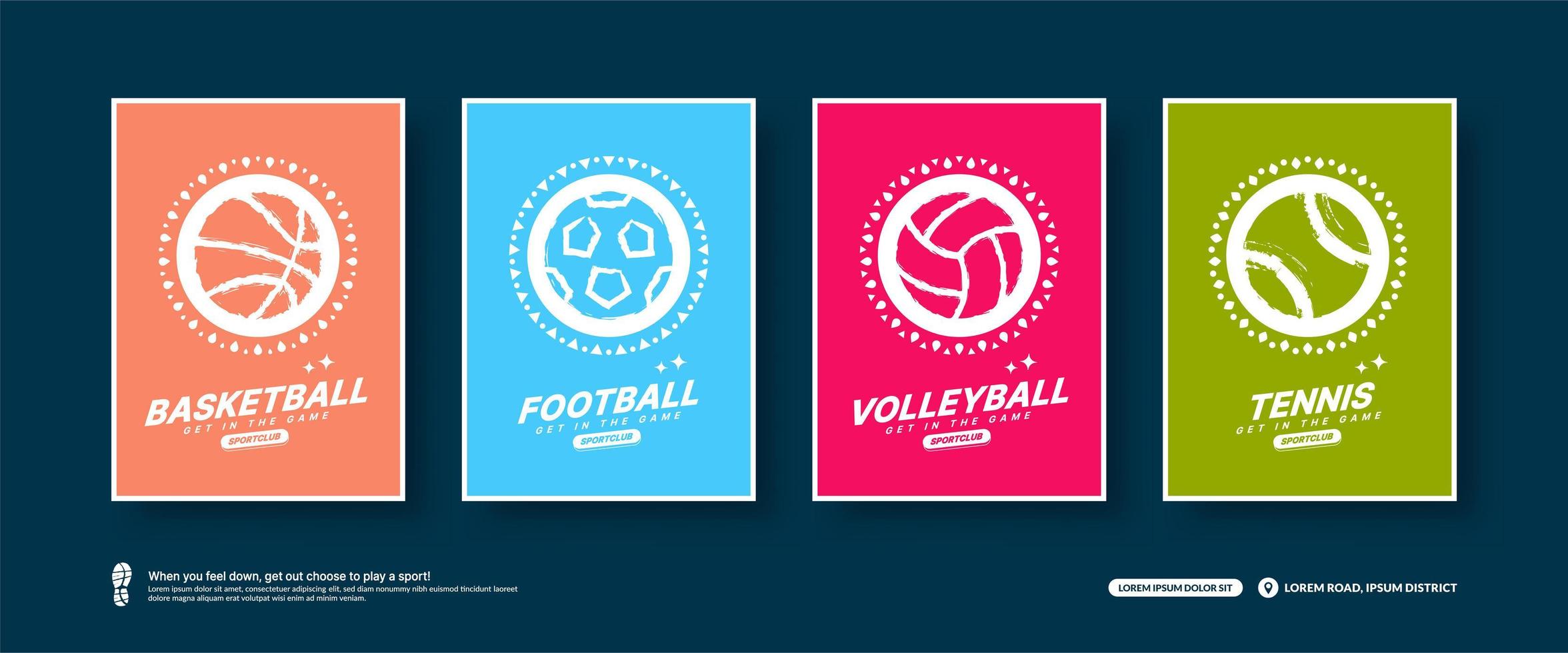 juego de tarjetas deportivas mínimas, concepto de diseño plano de icono de pelotas deportivas vector