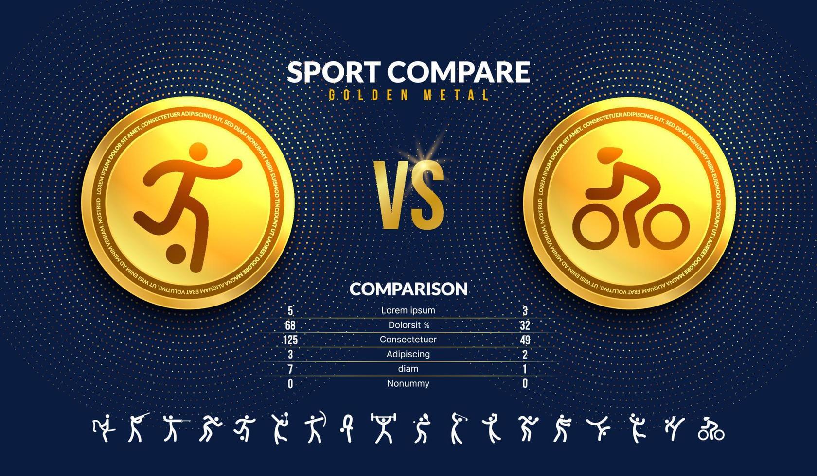 deporte versus antecedentes de batalla, comparación del concepto de tipo deportivo, medalla de oro con iconos deportivos establecidos vector