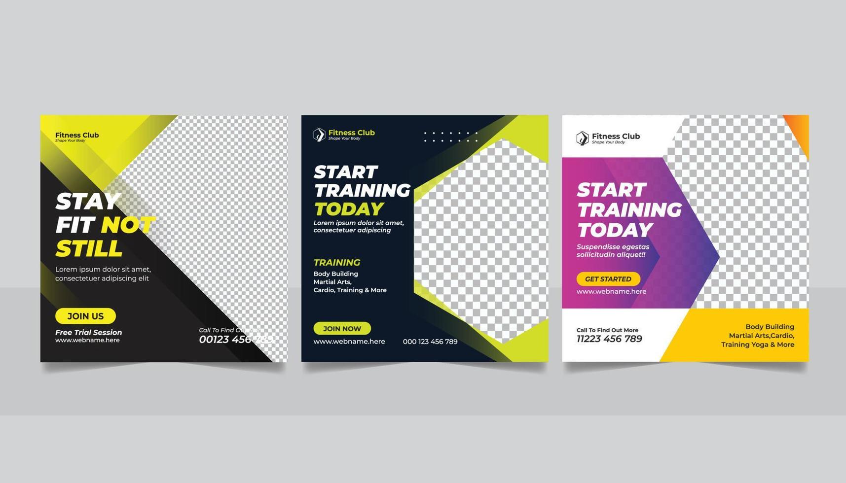 Gym and fitness promotion social media post, shape your body web banner square flyer template design vector