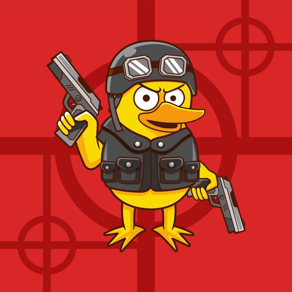 pato de dibujos animados usar casco y pistola vector