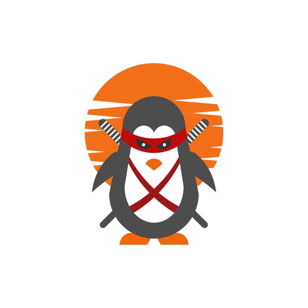 pingüino ninja con espada y amanecer. ilustración de vector de pingüino de personaje de dibujos animados