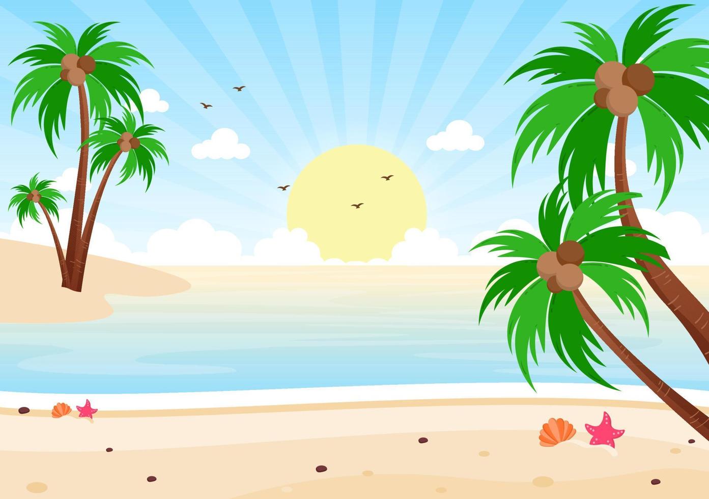 Sea Sunrise Landscape Above Morning Scene Ocean with Clouds, Water Surface, Palm Tree and Beach in Flat Background Illustration for Banner vector