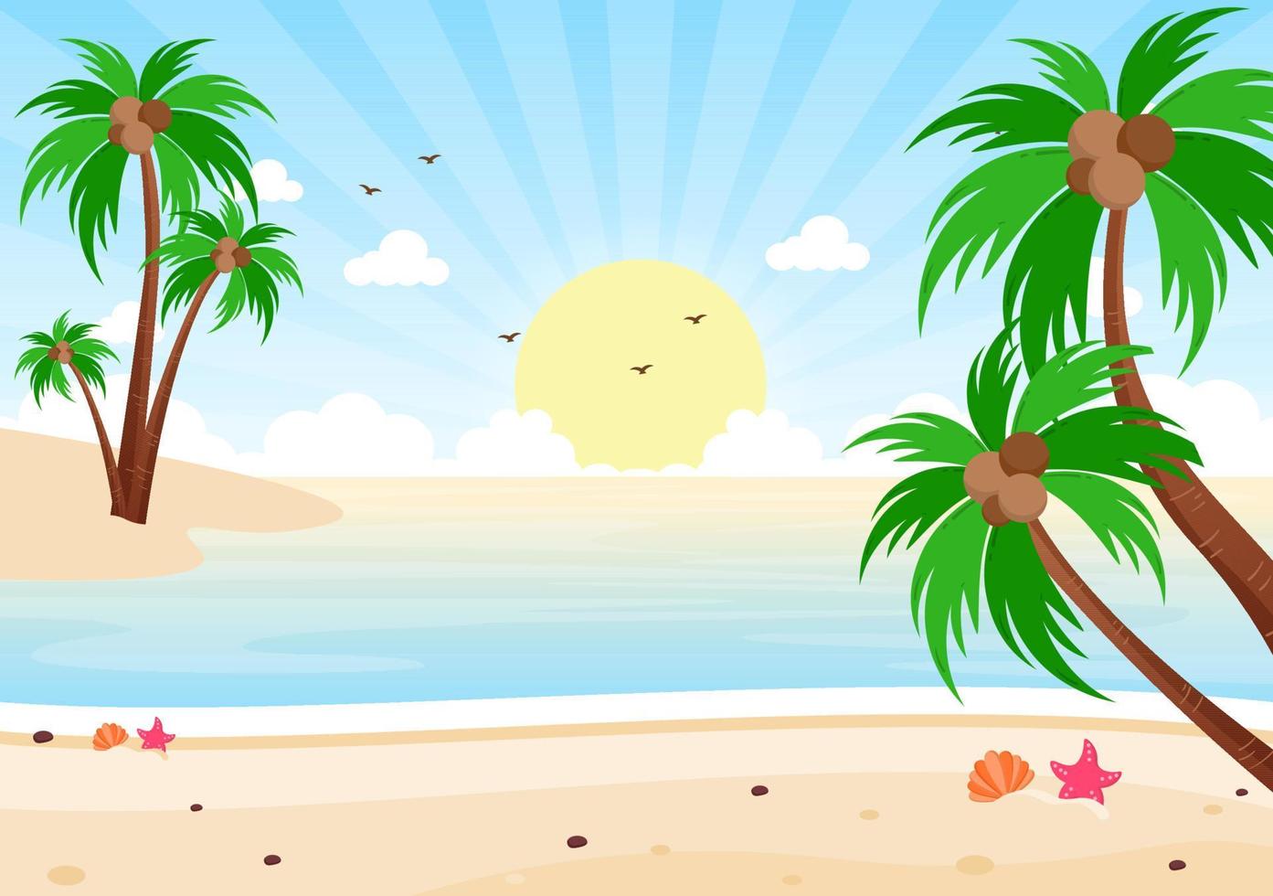 paisaje de amanecer del mar sobre el océano de la escena de la mañana con nubes, superficie de agua, palmera y playa en una ilustración de fondo plano para el banner vector