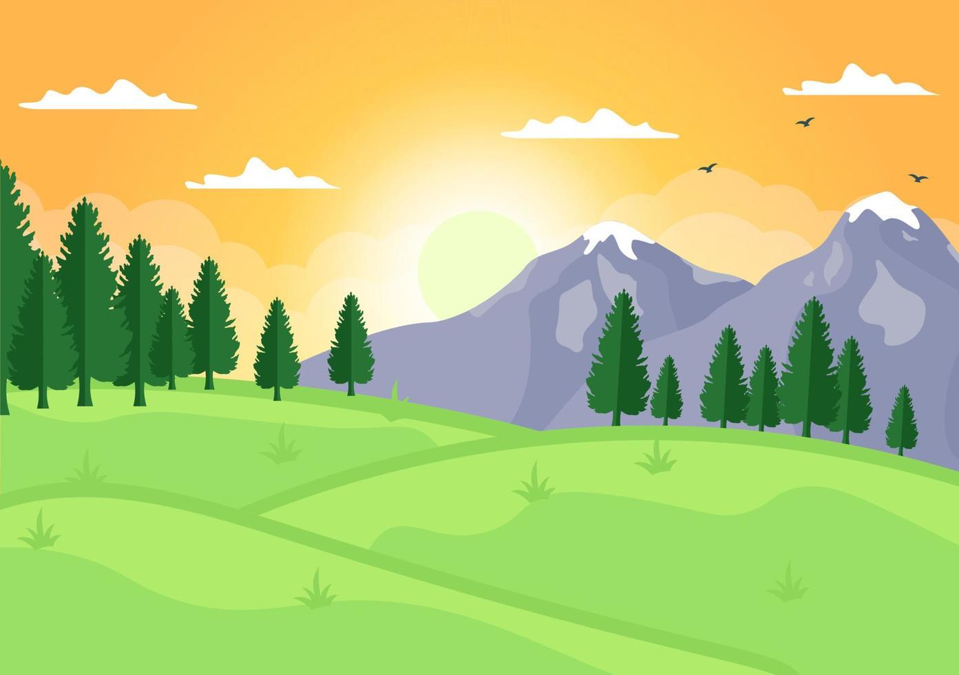 Sunrise Landscape of Morning Scene Mountains, Hill, Lake and Valley in Flat Nature for Poster, Banner or Background Illustration vector