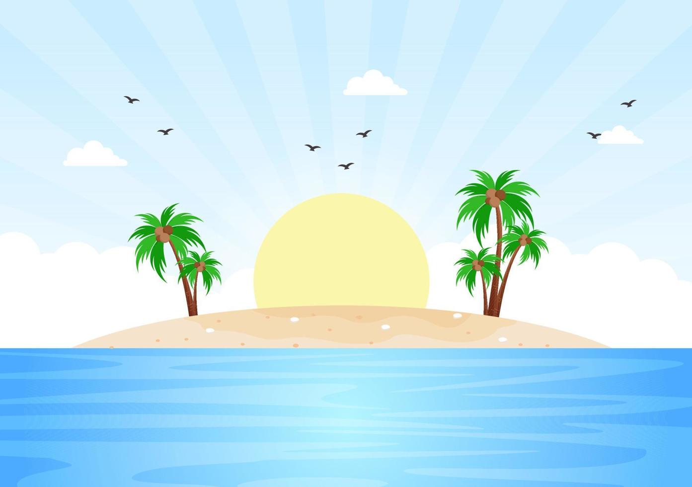 paisaje de amanecer del mar sobre el océano de la escena de la mañana con nubes, superficie de agua, palmera y playa en una ilustración de fondo plano para el banner vector