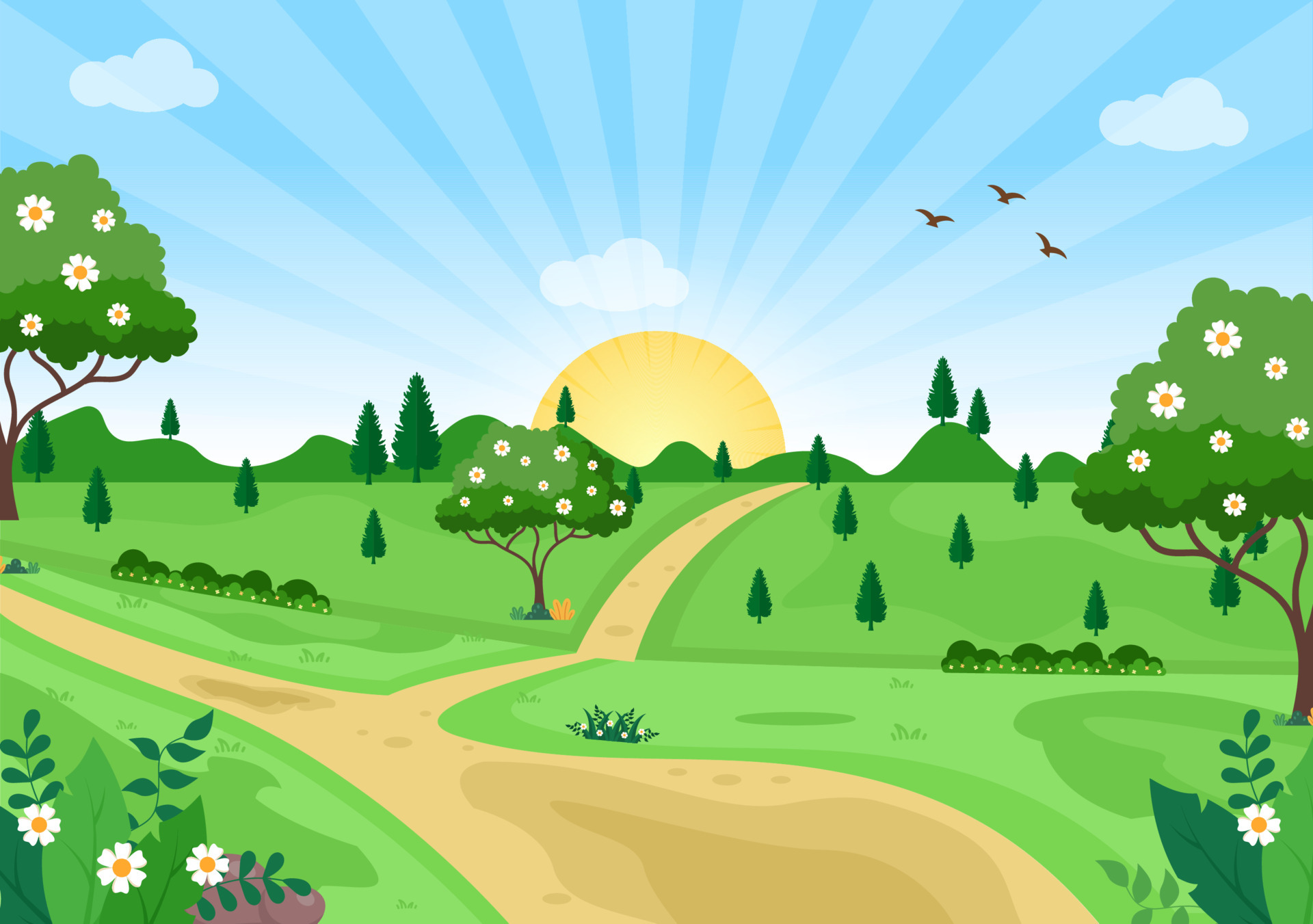 Sunrise Landscape of Morning Scene Mountains, Hill, Lake and Valley in