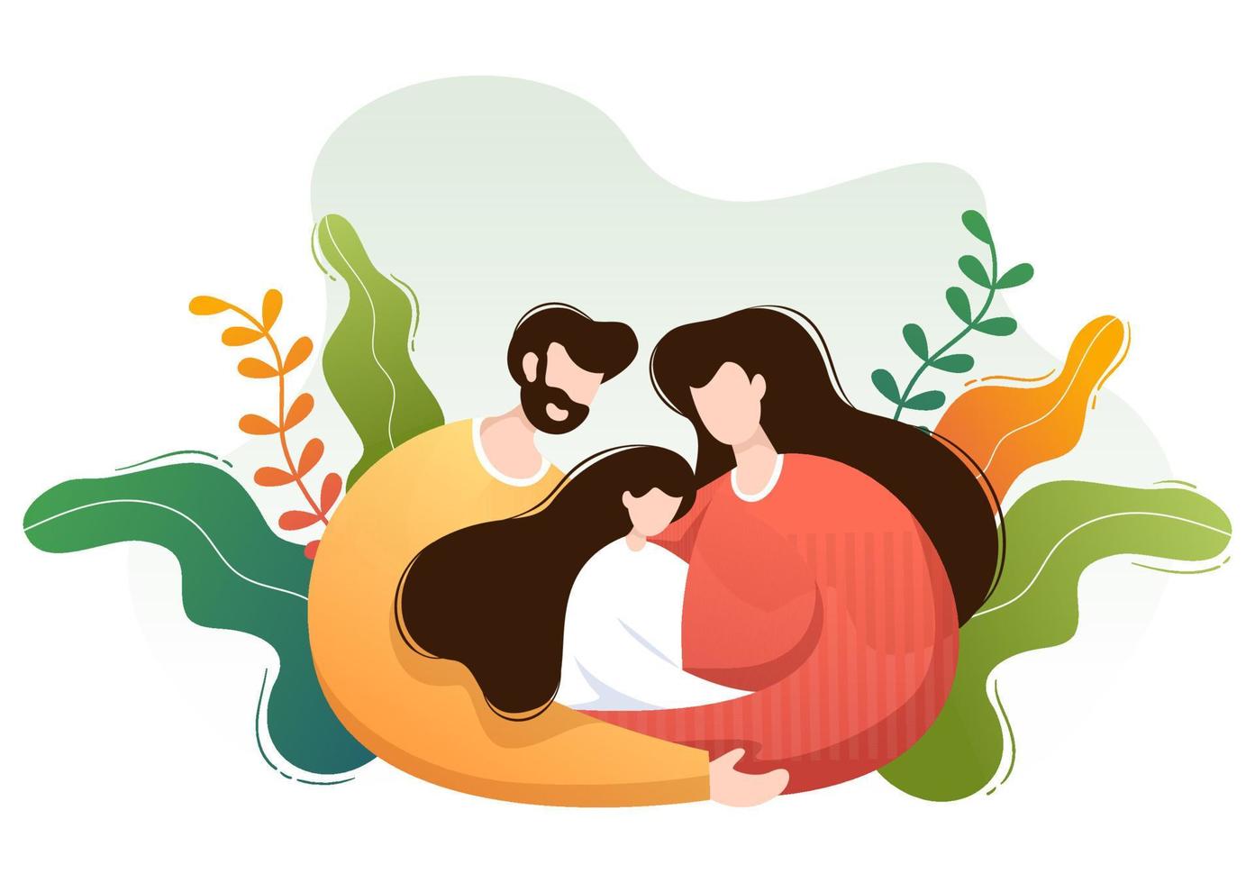 Parenting of Mother, Father and Kids Embracing Each Other in Loving Family. Cute Cartoon Background Vector Illustration for Banner or Psychology