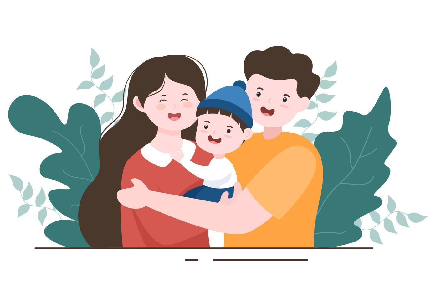 crianza de madre, padre e hijos abrazándose unos a otros en una familia amorosa. Ilustración de vector de fondo de dibujos animados lindo para banner o psicología