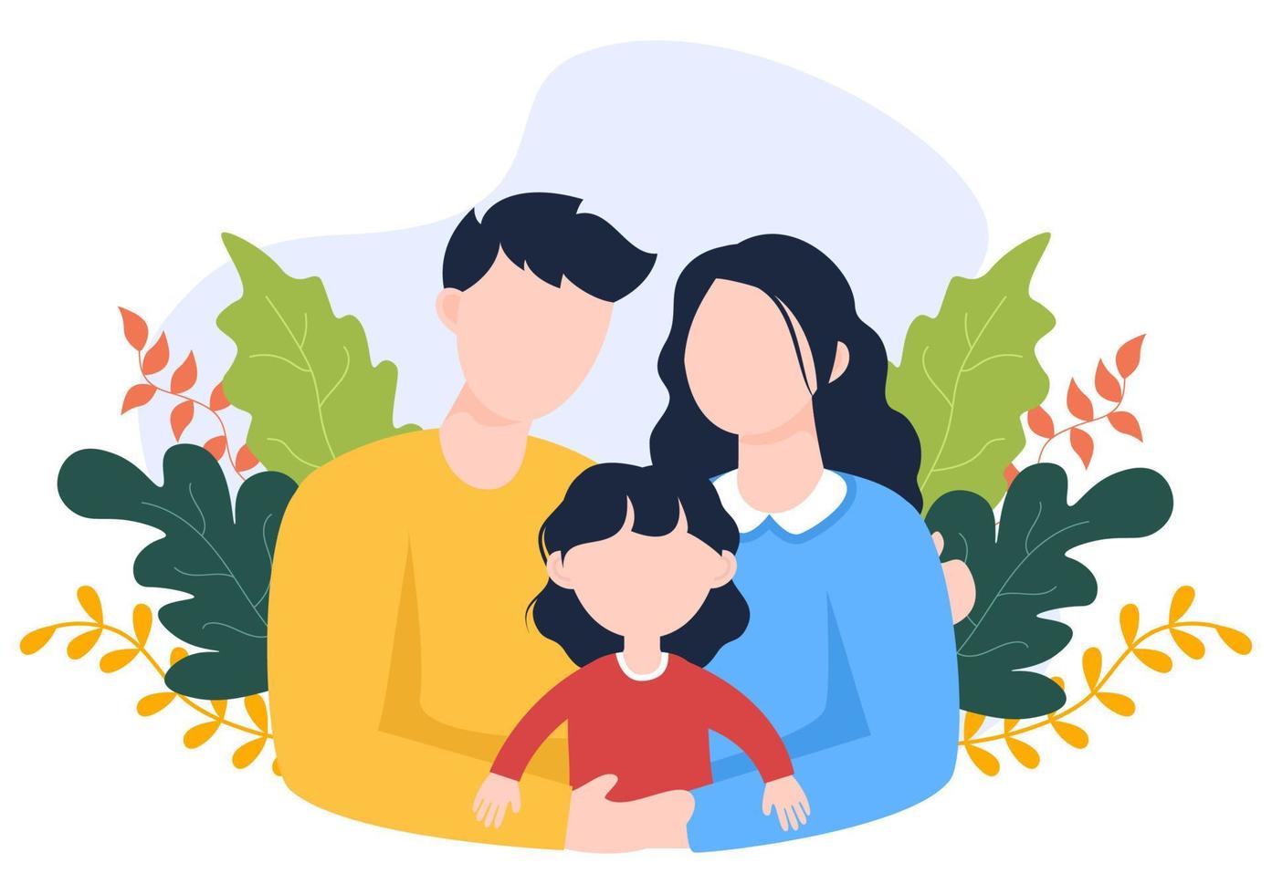 crianza de madre, padre e hijos abrazándose unos a otros en una familia amorosa. Ilustración de vector de fondo de dibujos animados lindo para banner o psicología