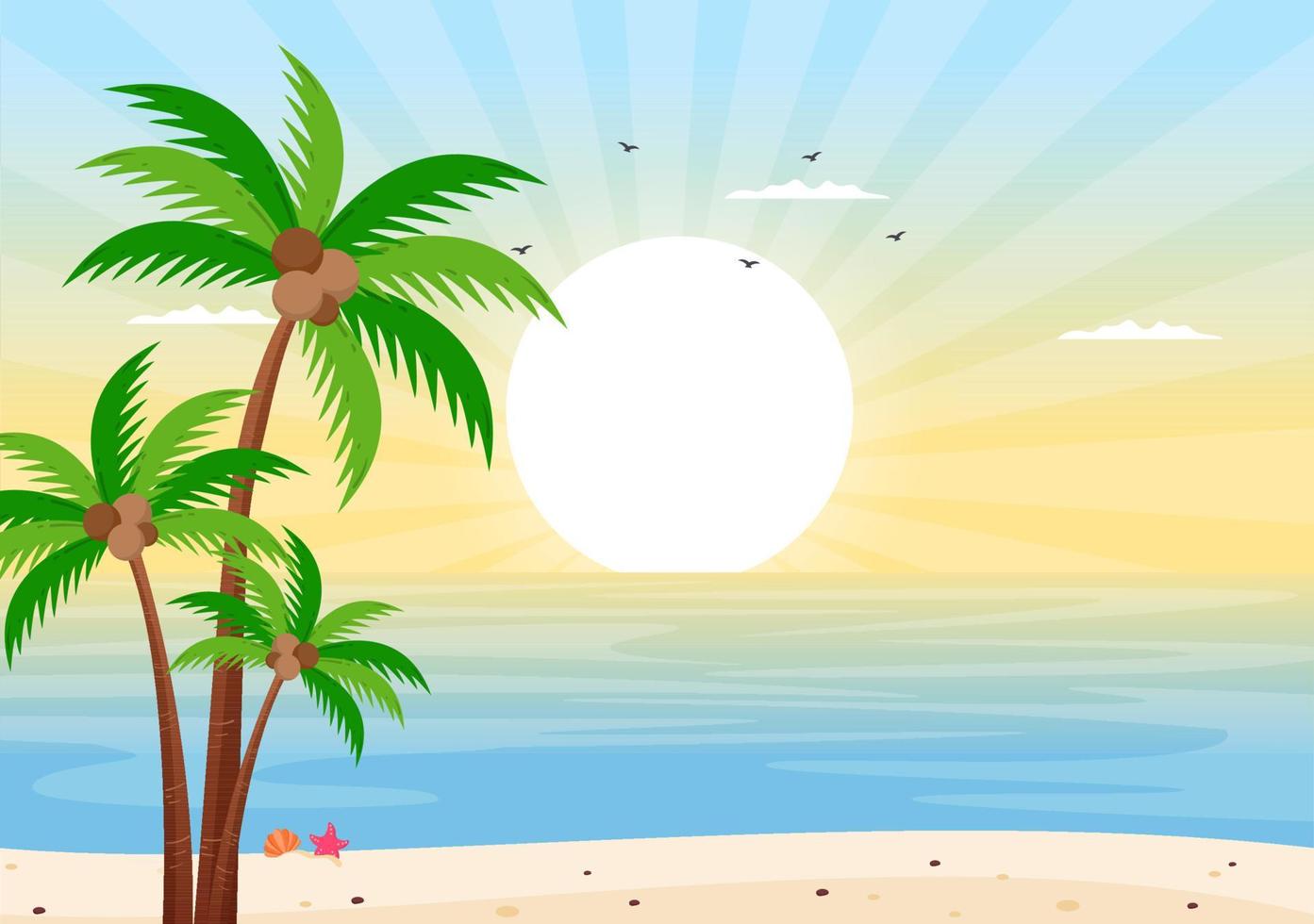 paisaje de amanecer del mar sobre el océano de la escena de la mañana con nubes, superficie de agua, palmera y playa en una ilustración de fondo plano para el banner vector