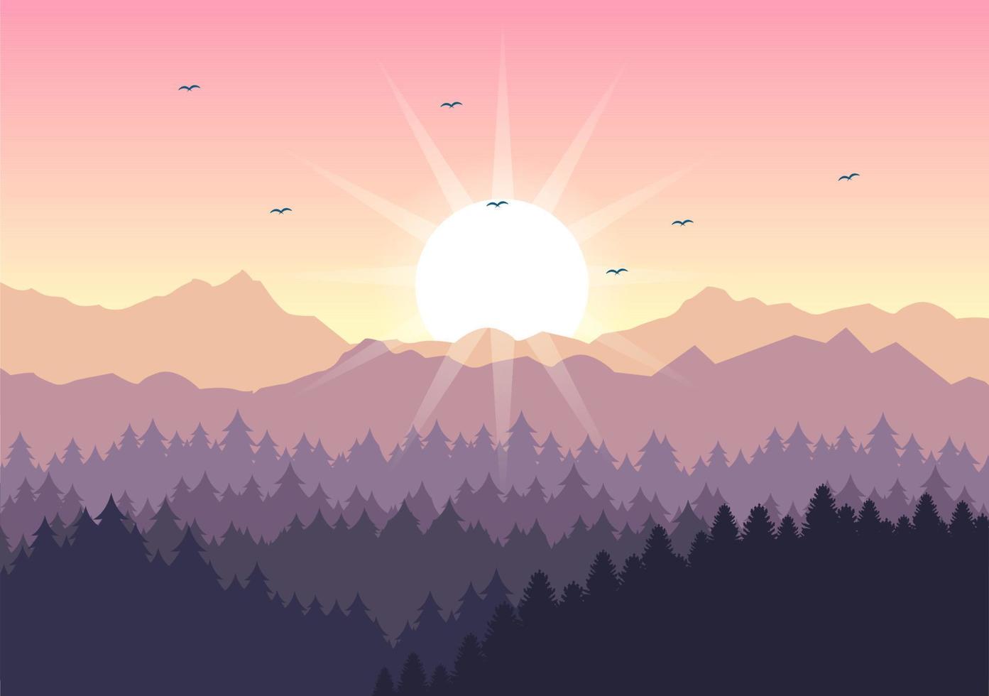 Sunrise Landscape of Morning Scene Mountains, Hill, Lake and Valley in Flat Nature for Poster, Banner or Background Illustration vector