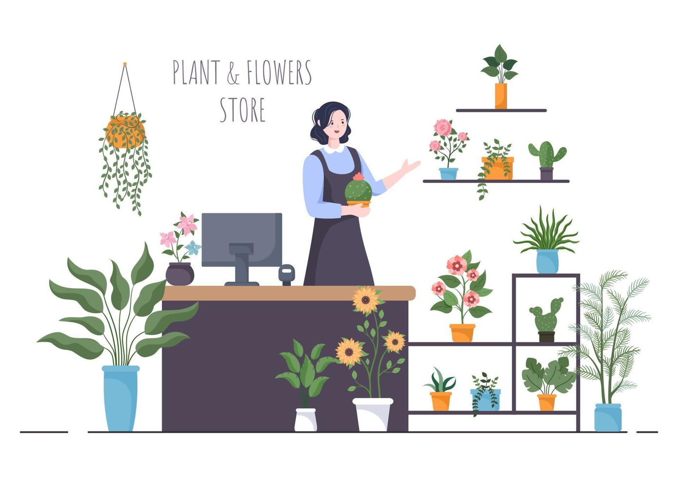 tienda de flores y tienda de plantas con cuidado de floristas, productos naturales orgánicos para la decoración verde del jardín en la ilustración vectorial de fondo plano vector