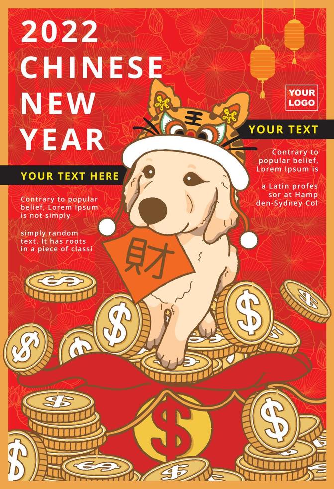 Cute golden retriever Wearing a tiger hat and Biting red spring couplets with Chinese characters written on money Chinese New Year Flyer Template vector