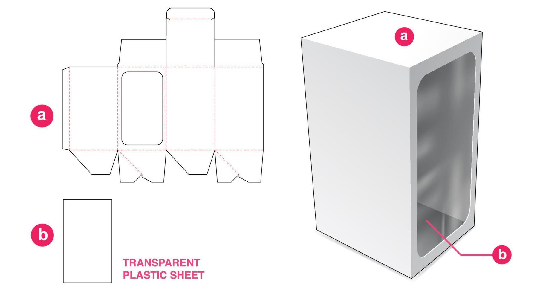 Cardboard box with window on side wall and plastic sheet die cut template vector