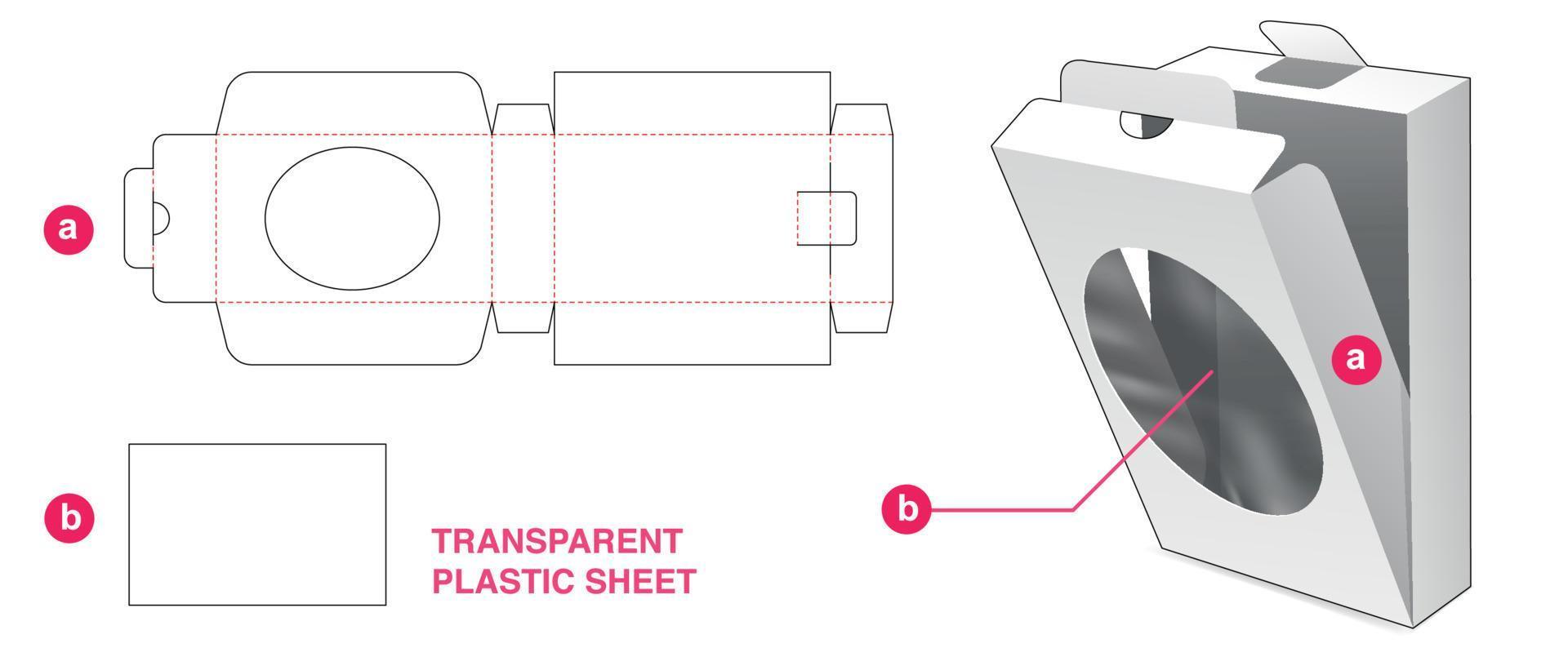 Cardboard flip box with ellipse window and plastic sheet die cut template vector