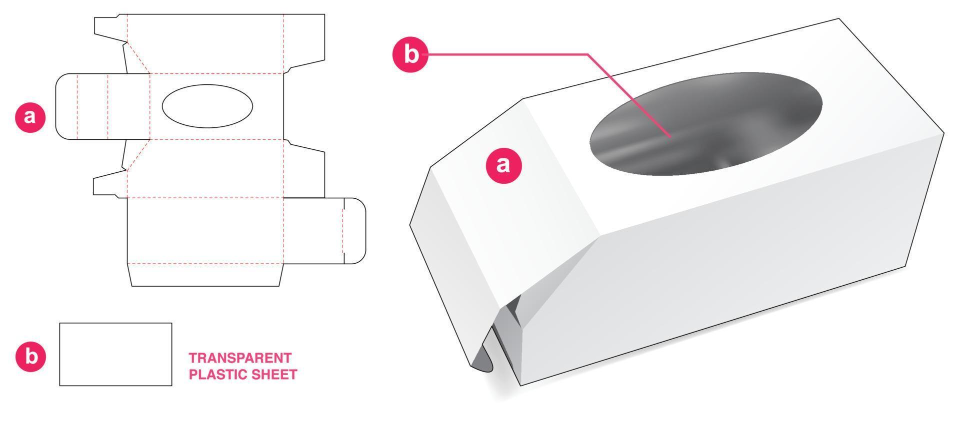 Chamfered flip box with window and plastic sheet die cut template vector