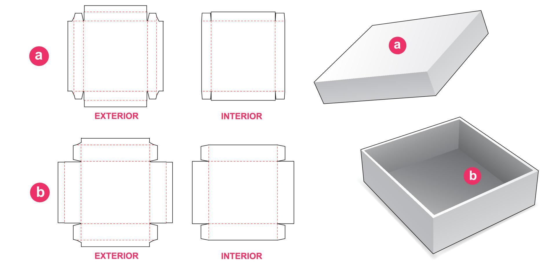 Rigid tin box and lid die cut template vector