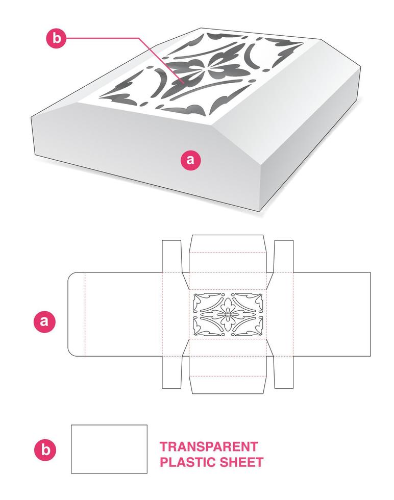 Cardboard tin chamfered box with stenciled and plastic sheet die cut template vector