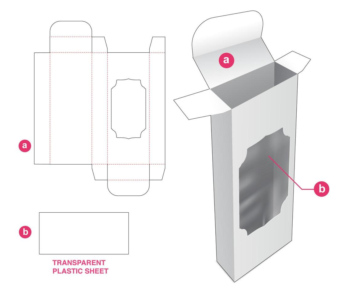 lata y caja alta con ventana y plantilla troquelada de lámina de plástico transparente vector