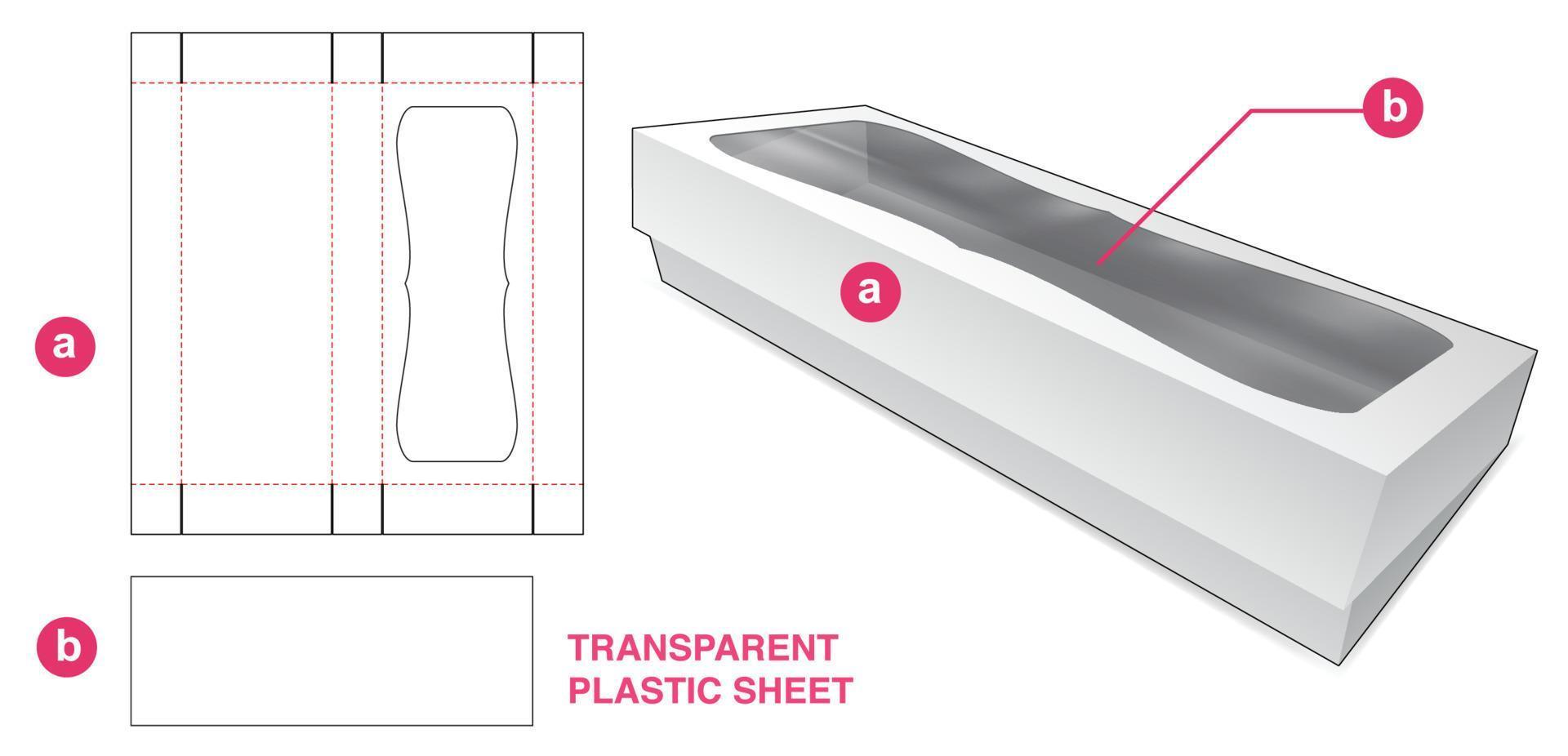 Cardboard bakery long packaging with window and transparent plastic sheet die cut template vector