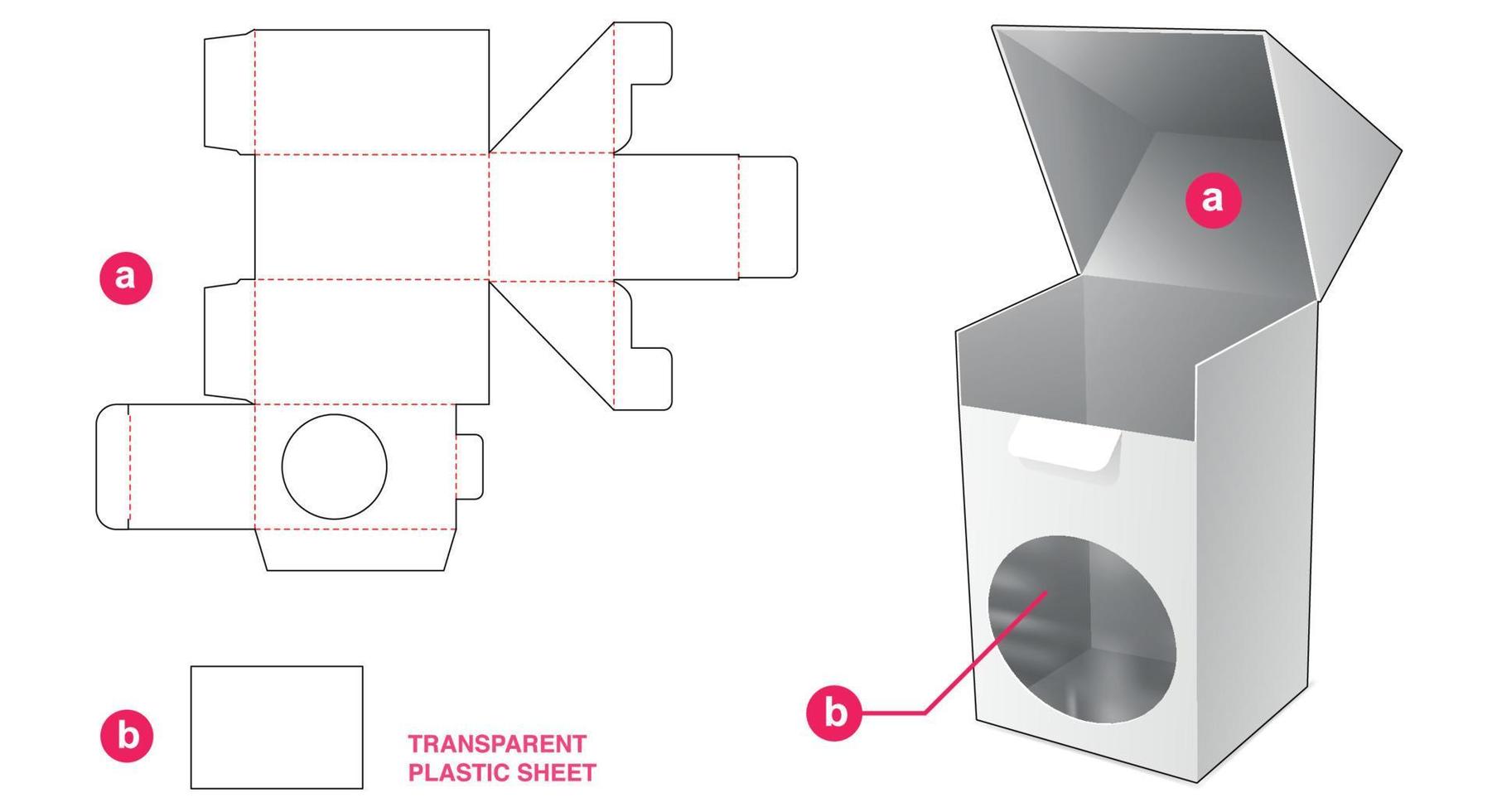 Auto lock flip box with circle window and plastic sheet die cut template vector