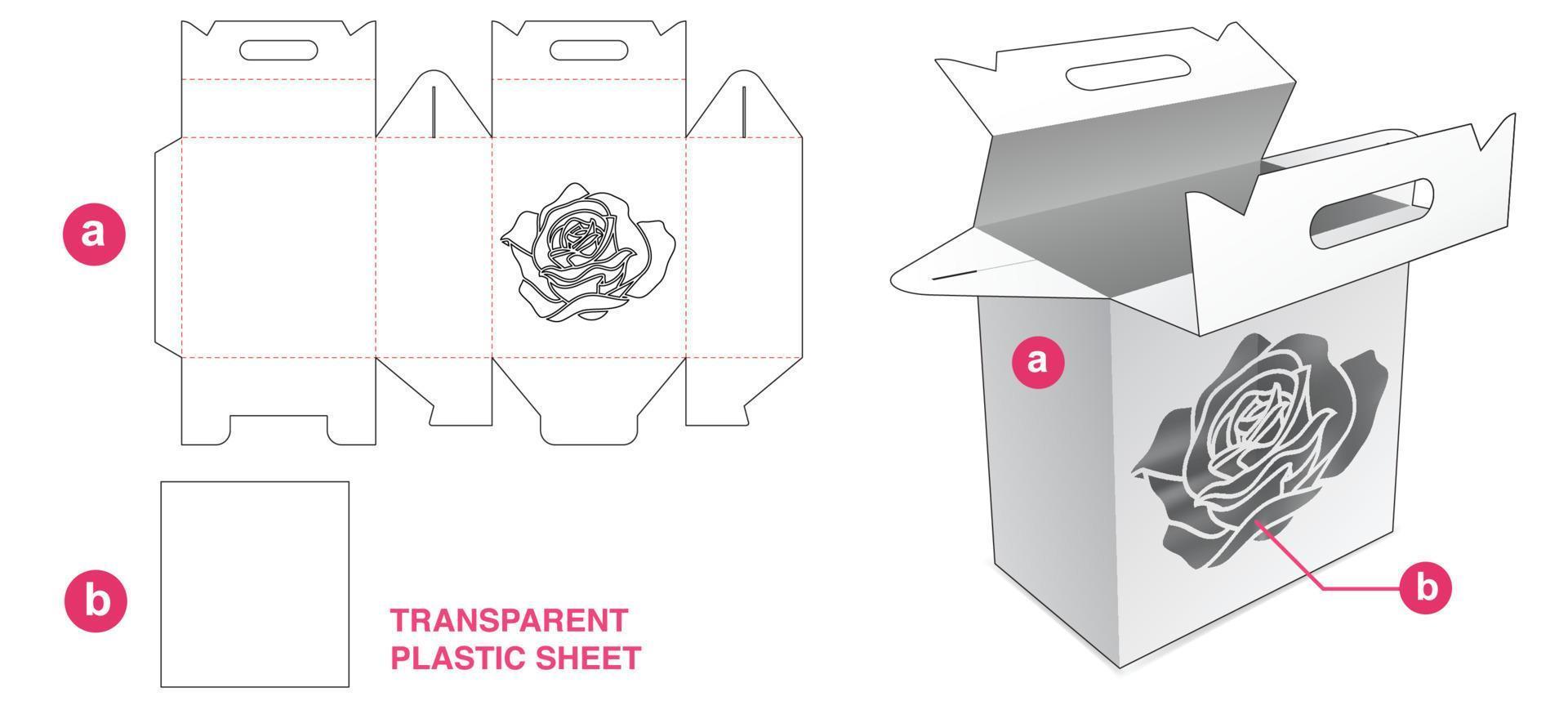 caja con asa de cartón con rosa estampada y plantilla troquelada de lámina de plástico vector