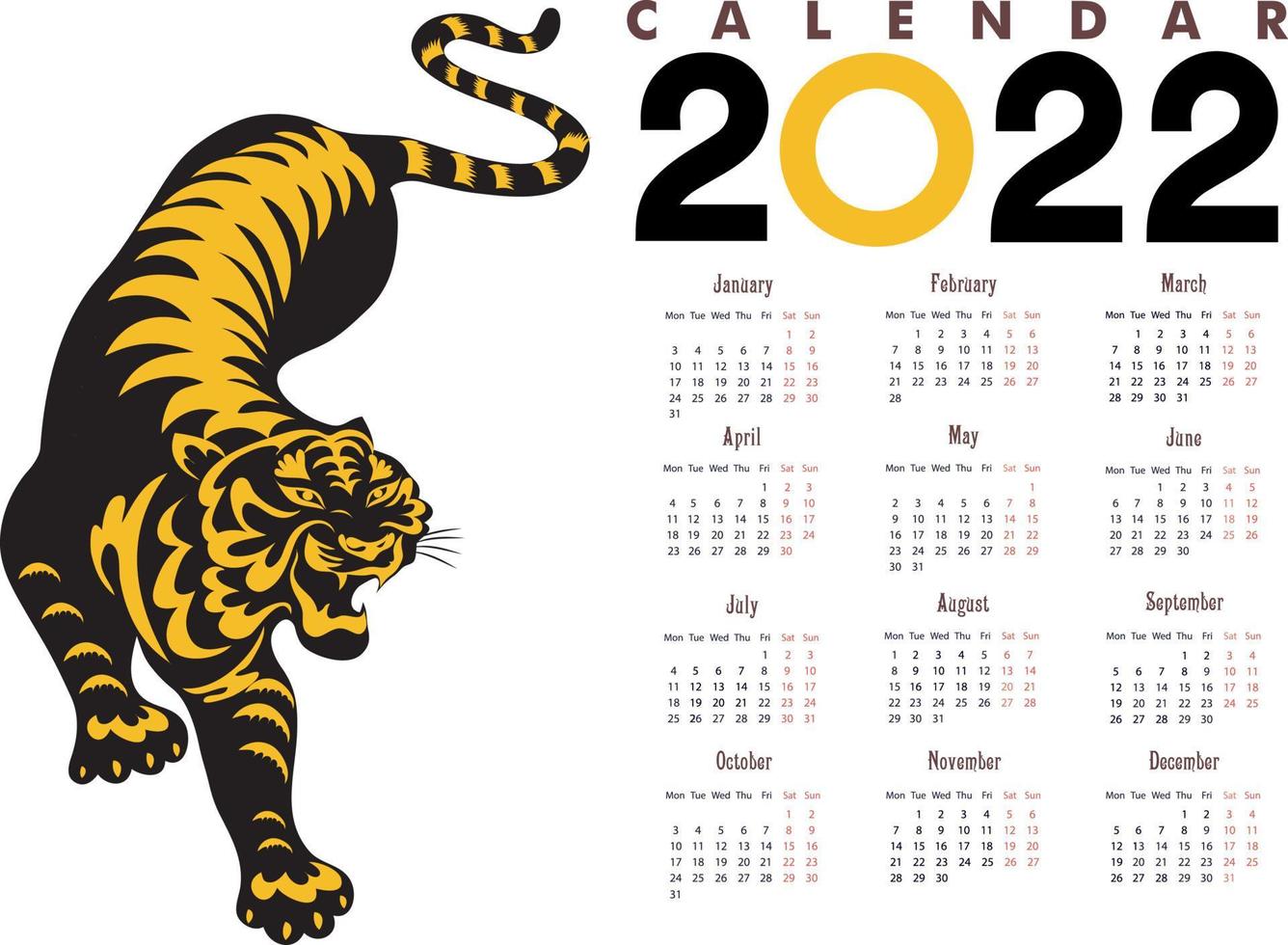 New Year 2022 festive design with graphic tiger lying beside of year digits. Isolated on white background. Creative emblem of New 2022 Year for any celebration designs. Vector illustration.