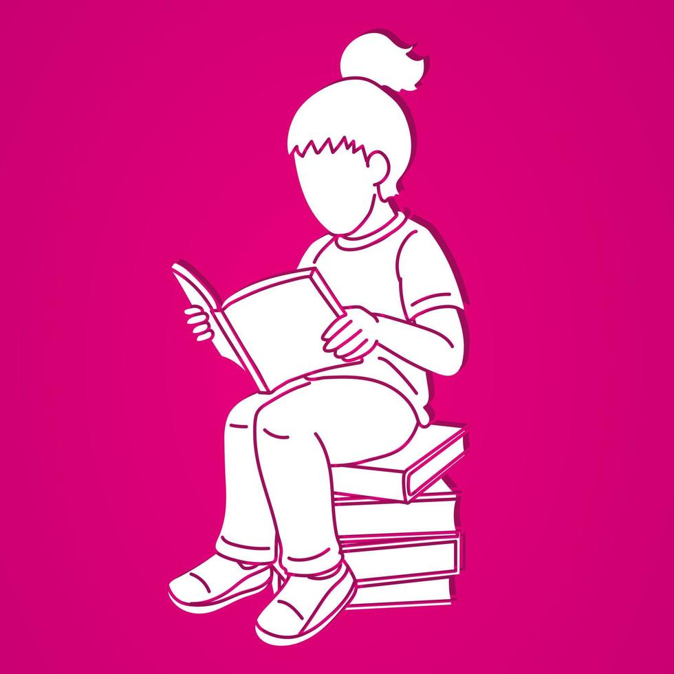 niña leyendo un libro y sentada en libros vector