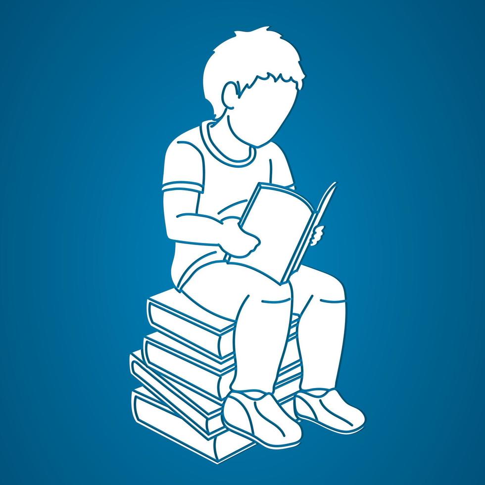 Little Boy Reading A Book and Sitting on Books vector