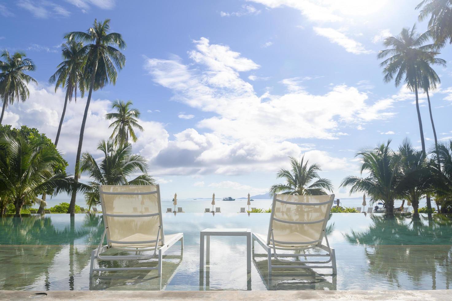 hermosa vista de la piscina con jardín tropical verde en un acogedor resort, isla phi phi, tailandia foto