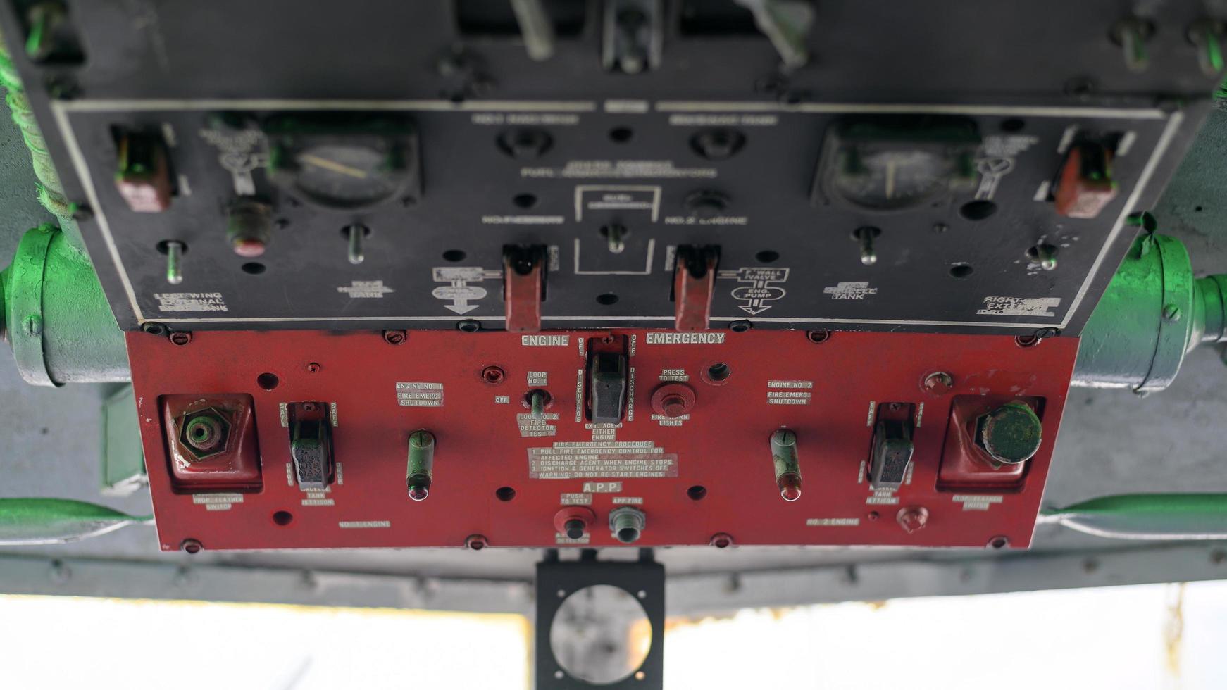 Close up of old vintage  airplane cockpit Flight Deck control panel photo