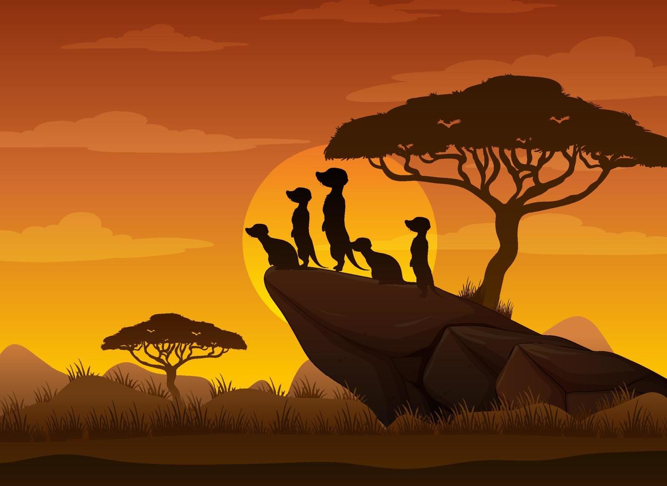 Meerkat family silhouette at savanna forest vector