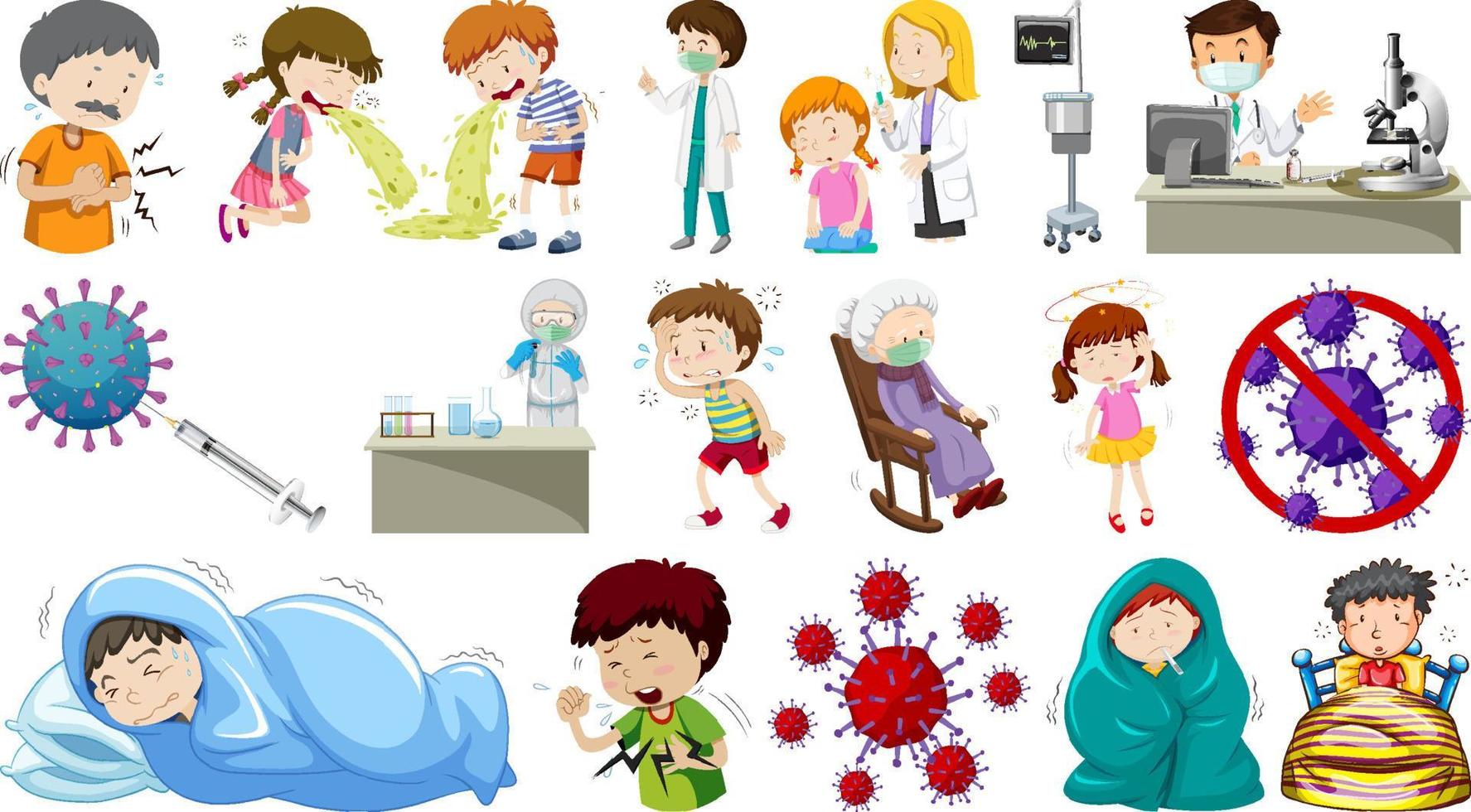 Set of sick people with different symptoms vector