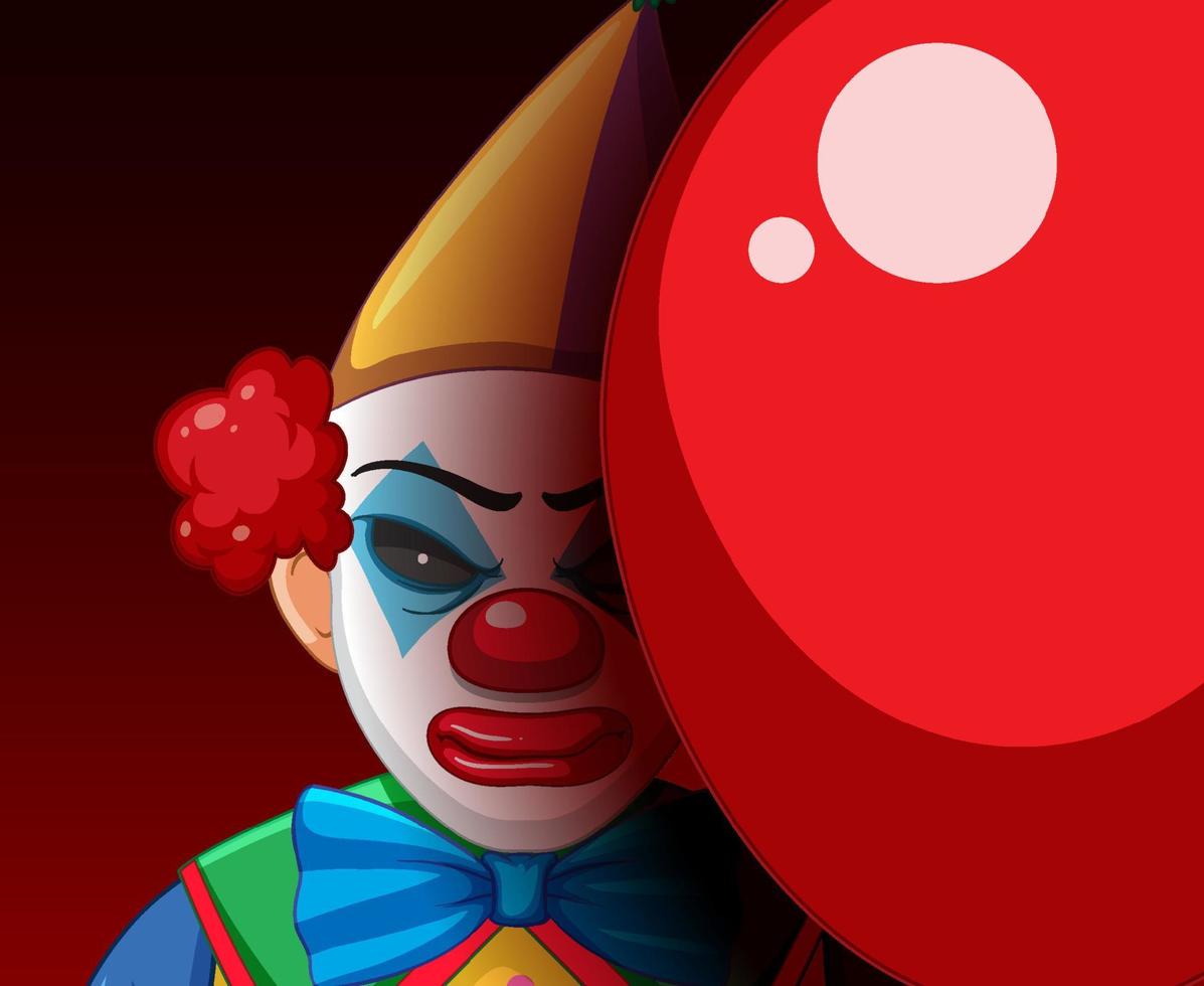 Creepy clown face peeking out from behind balloon vector