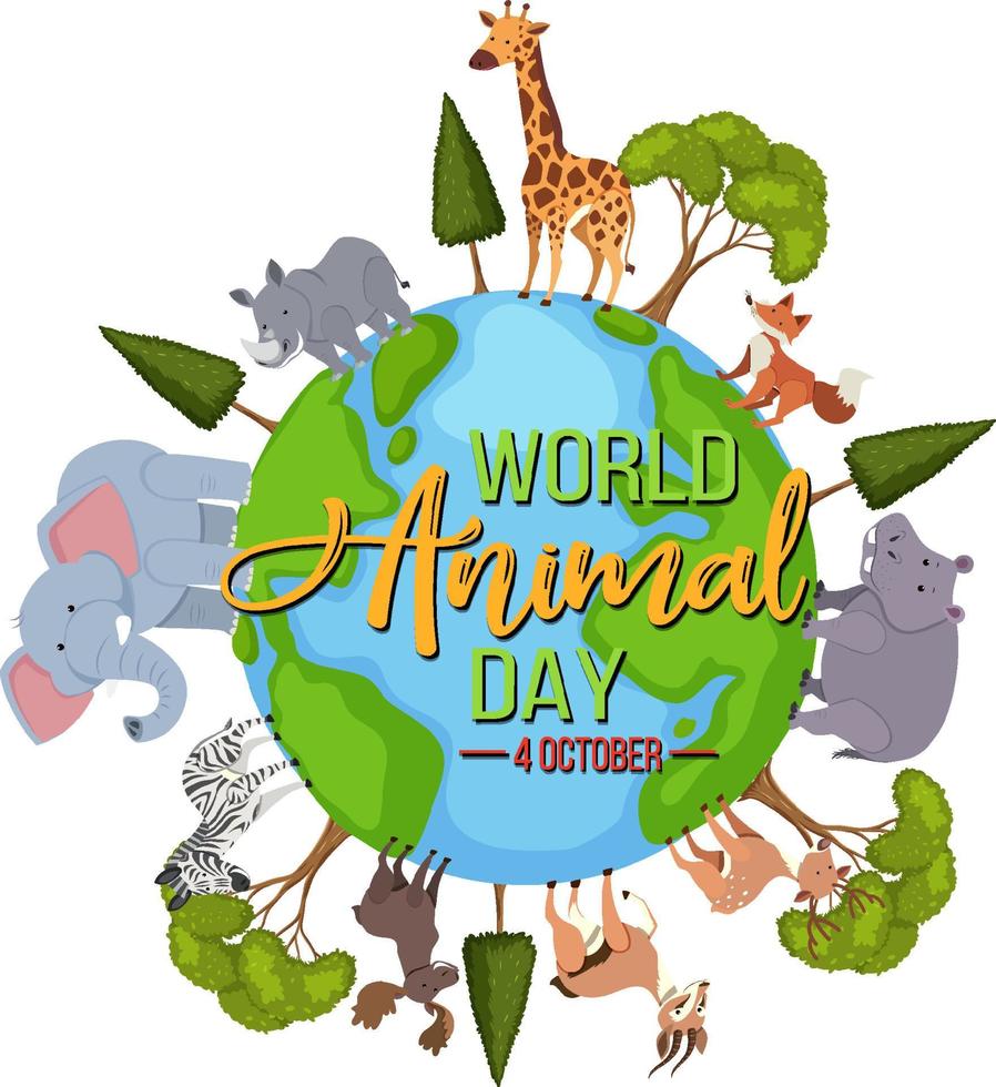 World Animal Day banner with wild animals standing on earth vector