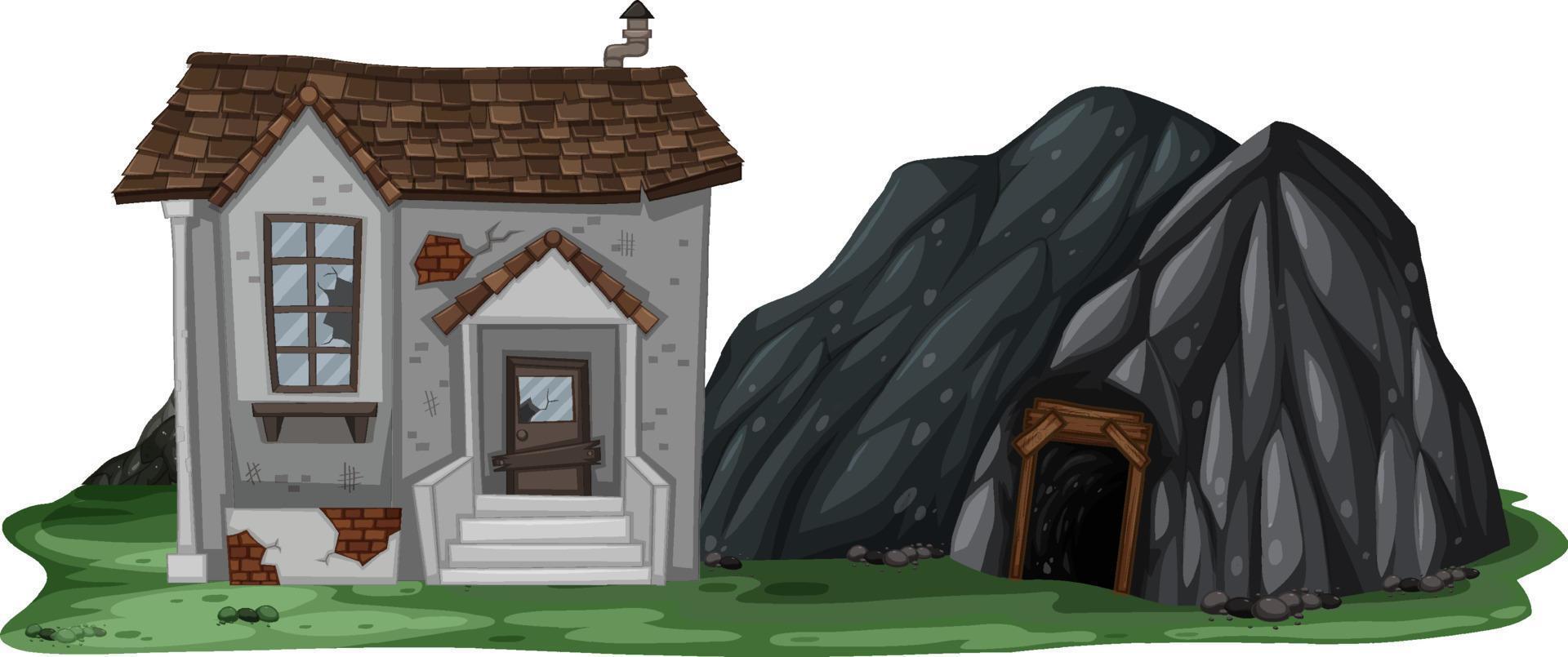 Una casa abandonada con una cueva de roca sobre fondo blanco. vector