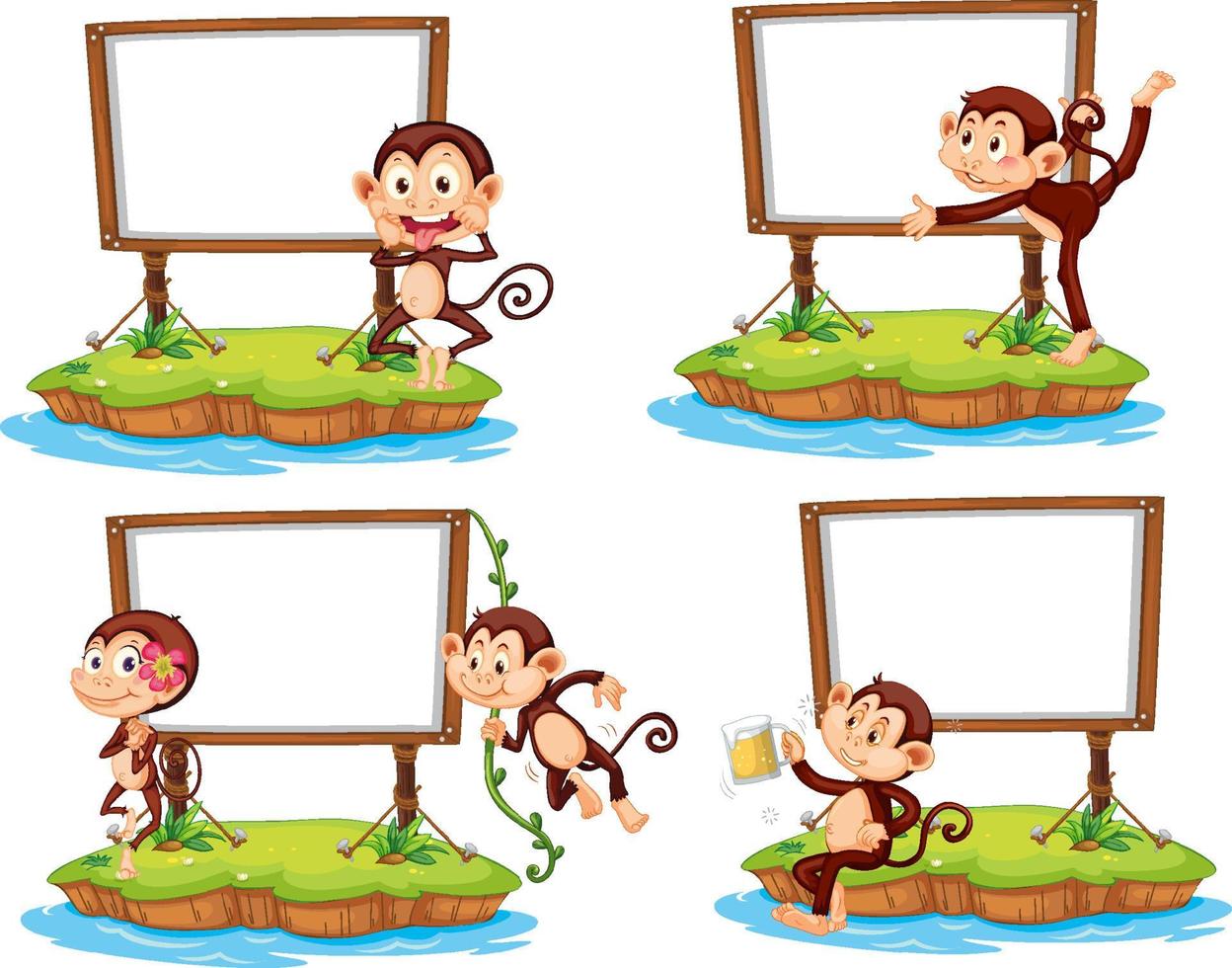 conjunto de diferentes pancartas en blanco con monos divertidos vector