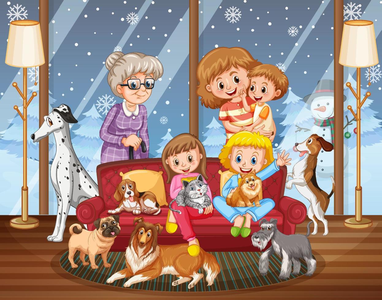Family members with their pet in the living room scene vector