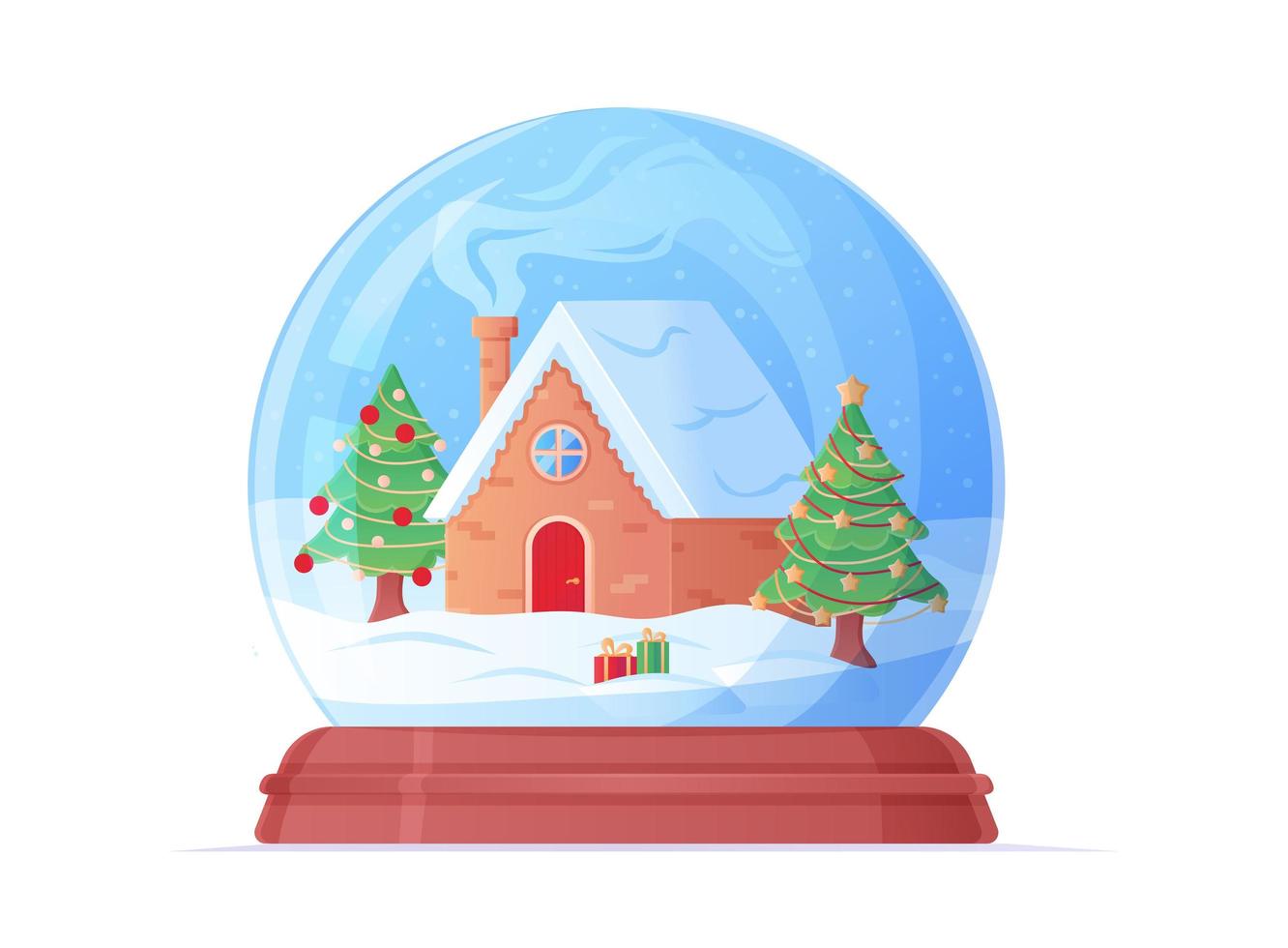 Snow globe with cozy home and christmas tree cartoon illustration vector