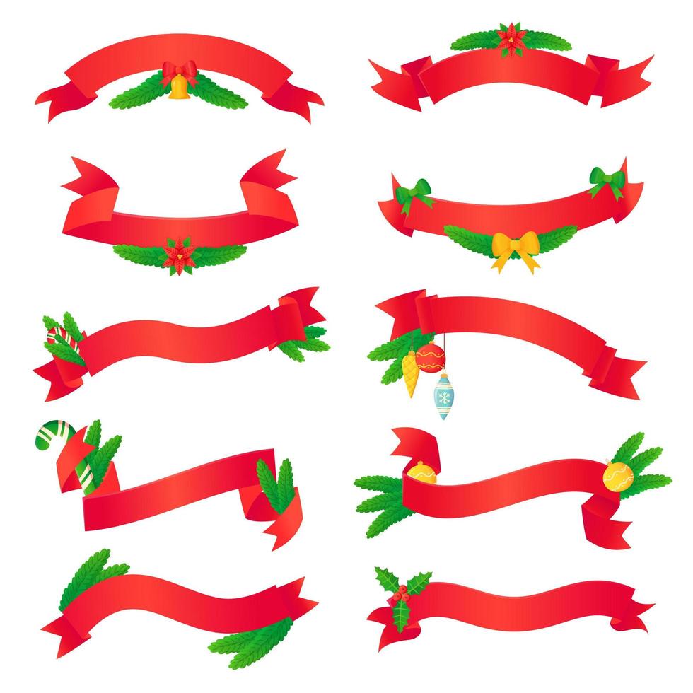 Set of red Christmas ribbons with new year pine branch decoration in realistic cartoon style vector