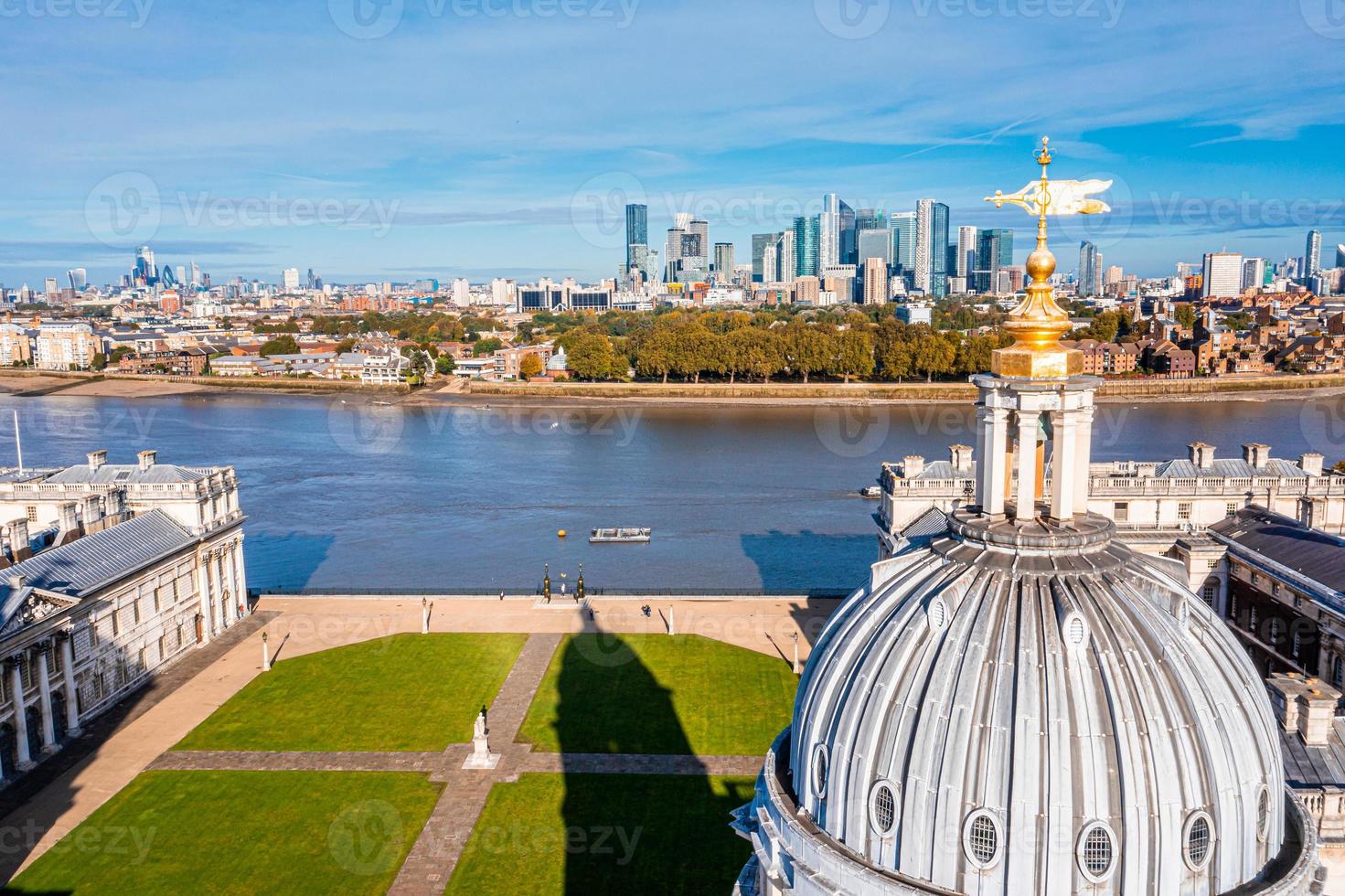 Panoramic aerial view of Greenwich Old Naval Academy by the River Thames photo